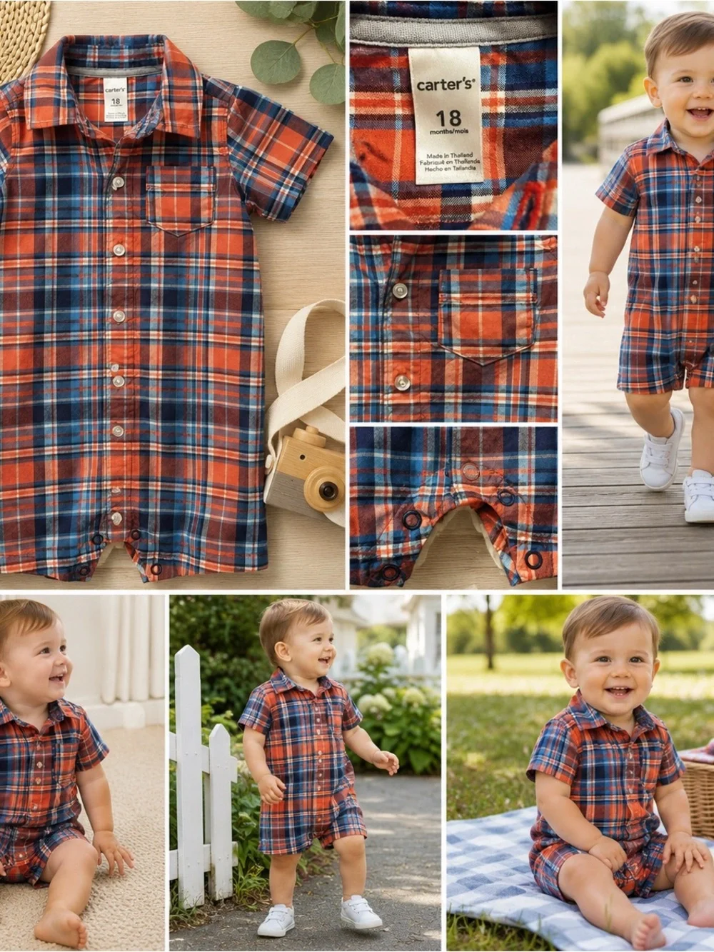 Carter’s Romper Baby Boy 18M Orange Blue Plaid Collared Button Front One Piece